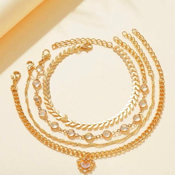 Gold 4pc Rhinestone Anklet Set - Picture 2 of 2